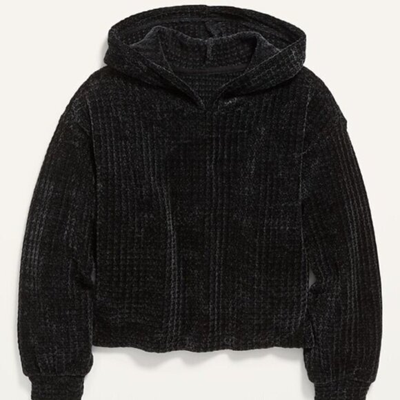 Old Navy Girl's Size 8 Black Cozy Thermal-Knit Chenille Pullover Hoodie - Picture 1 of 7